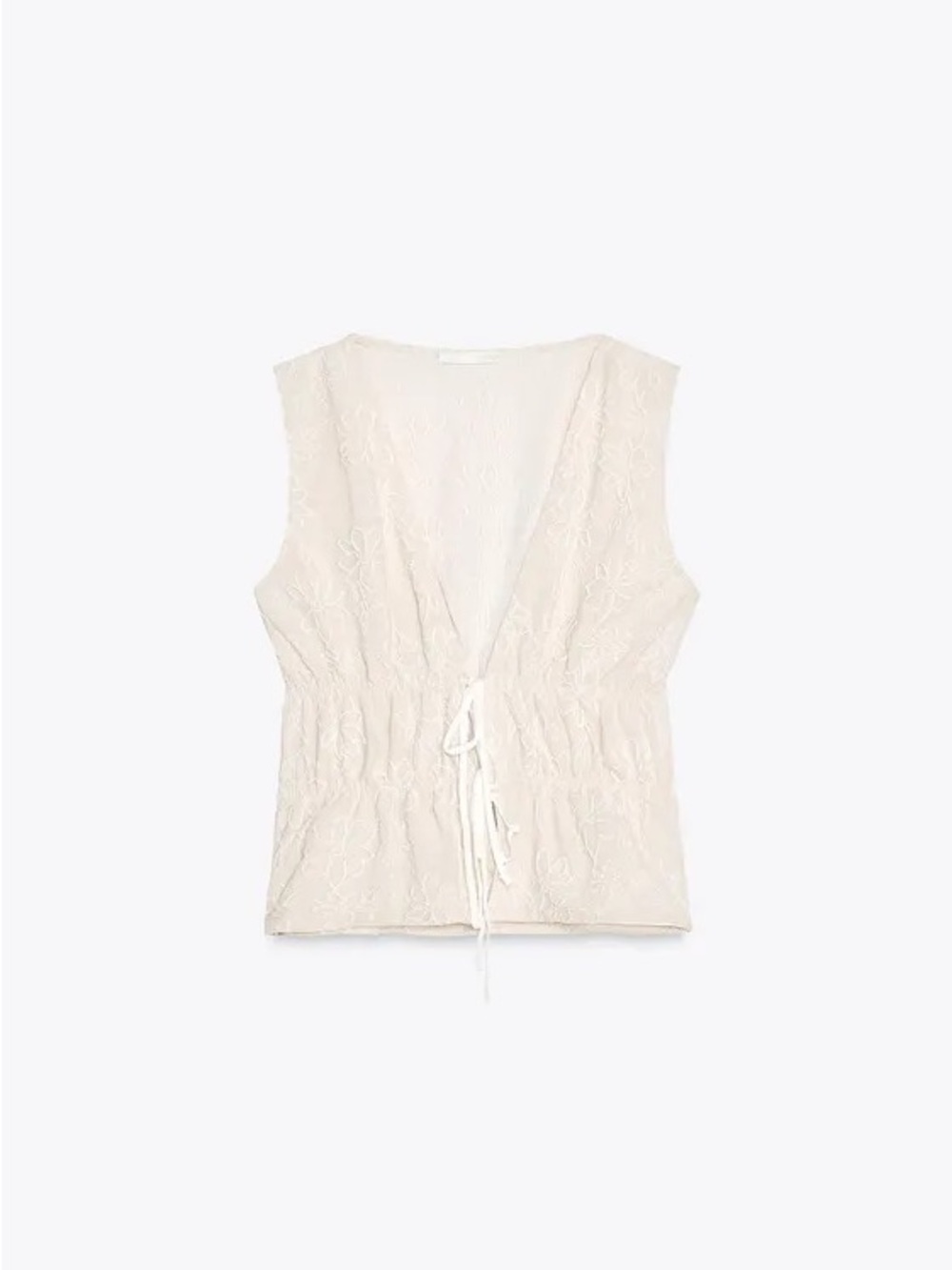 Zara Cream Embroidered Tie-Front Sleeveless Blouse